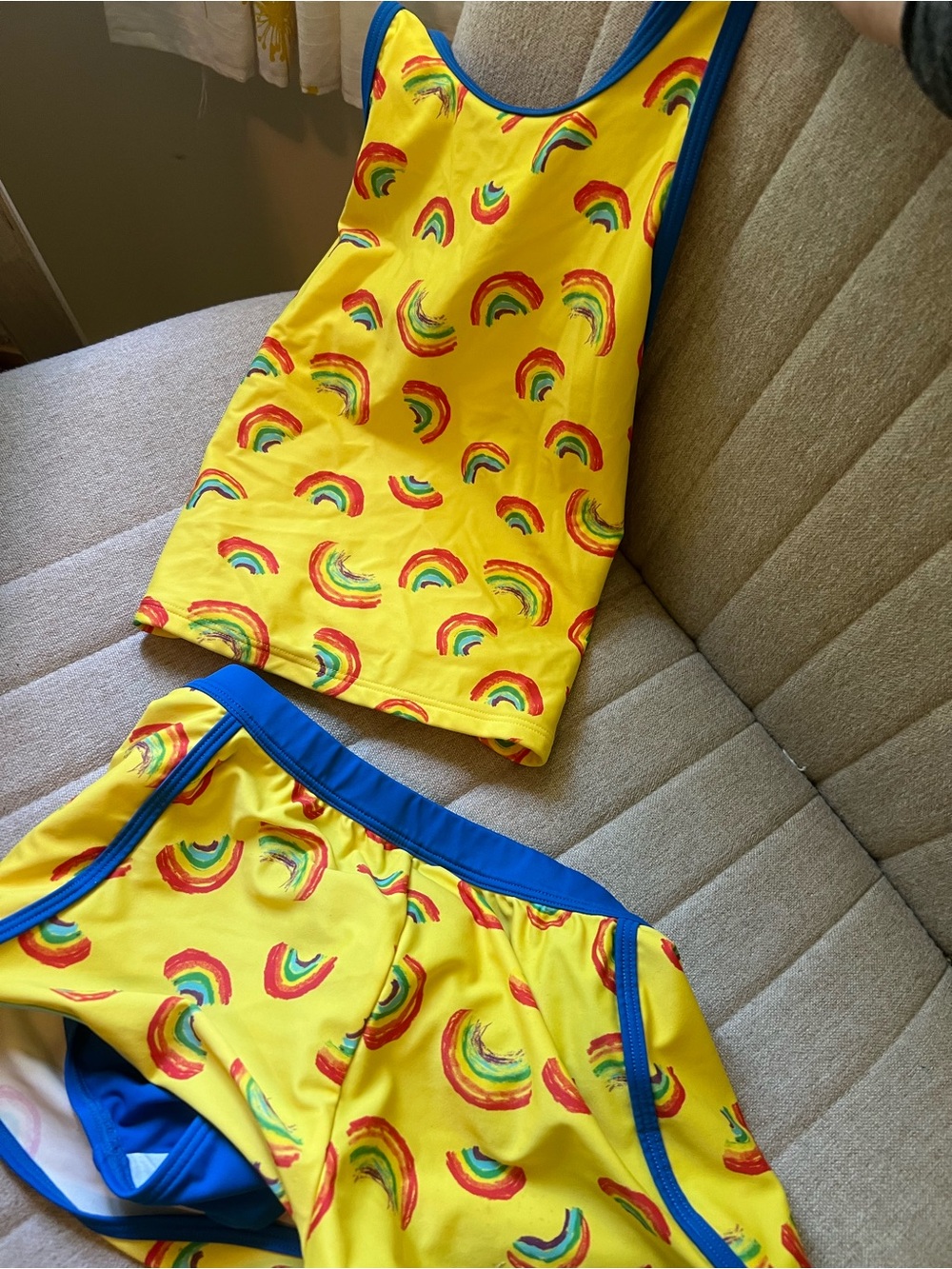 L.L. Bean Kids Yellow Rainbow Tankini with Blue Shorts and attached bottoms 6x-7